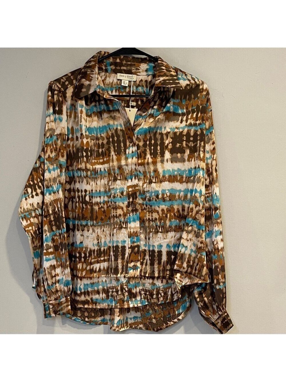 NWT See U Soon Brown and Blue Button Up Shirt Size Large